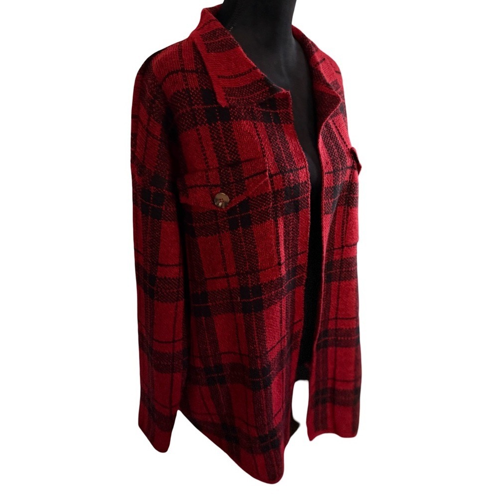 Kathy Ireland Red Black Plaid Knit Shacket Shirt Jacket HS67995X 1X NWT - Picture 3 of 7